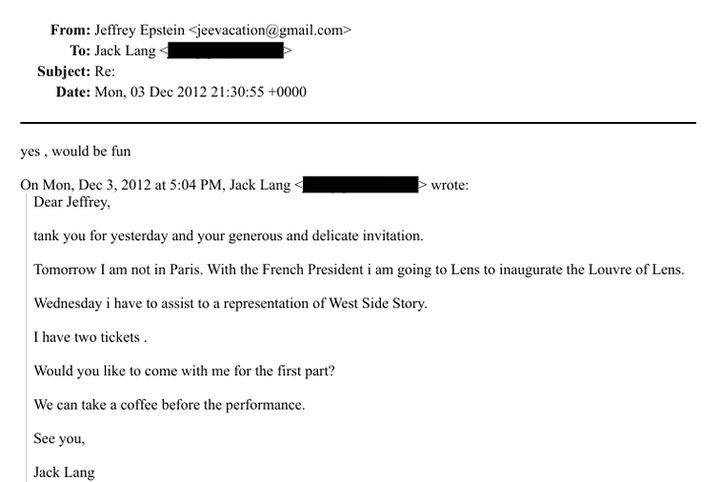 Le 3 d&eacute;cembre 2012, Jack Lang propose &agrave; Jeffrey Epstein de l'accompagner &agrave; une repr&eacute;sentation de "West Side Story". (Franceinfo)